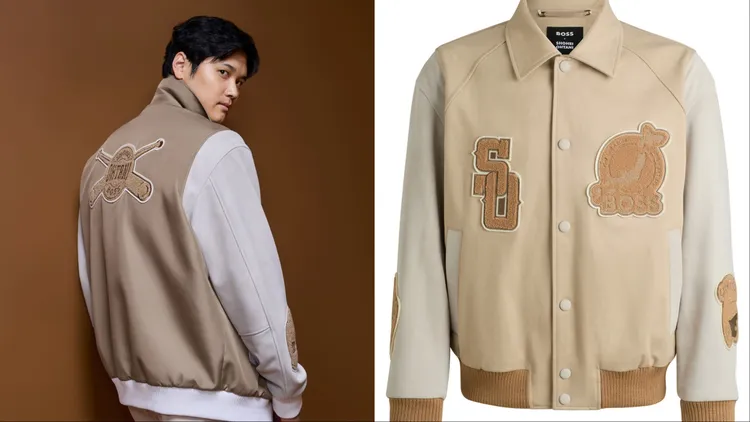 外套上可以看到BOSS標誌、棒球元素以及大谷翔平的姓名縮寫。品牌提供
