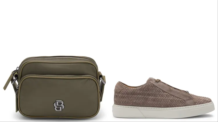 BOSS Selected by Shohei Ohtani橄欖綠色尼龍斜背包（左）6600元、淺褐色編織小牛皮休閒鞋（右）2萬1900元。品牌提供