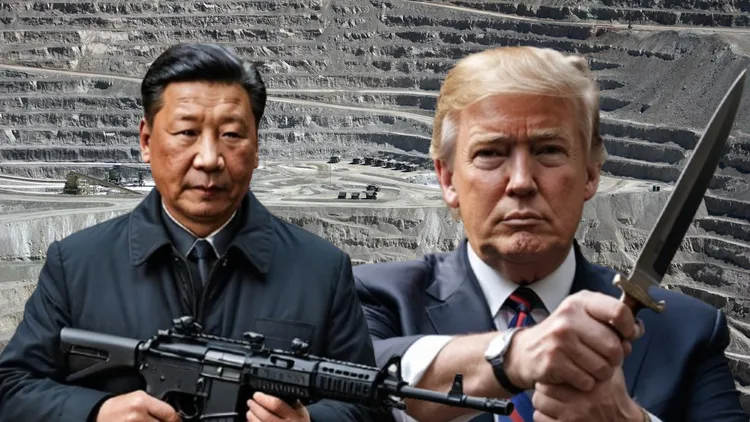 面對川普（右）來勢洶洶，習近平有如撿到槍般強力反制。中國強力否認習近平為關稅事宜，打電話給川普。AI生成示意畫面