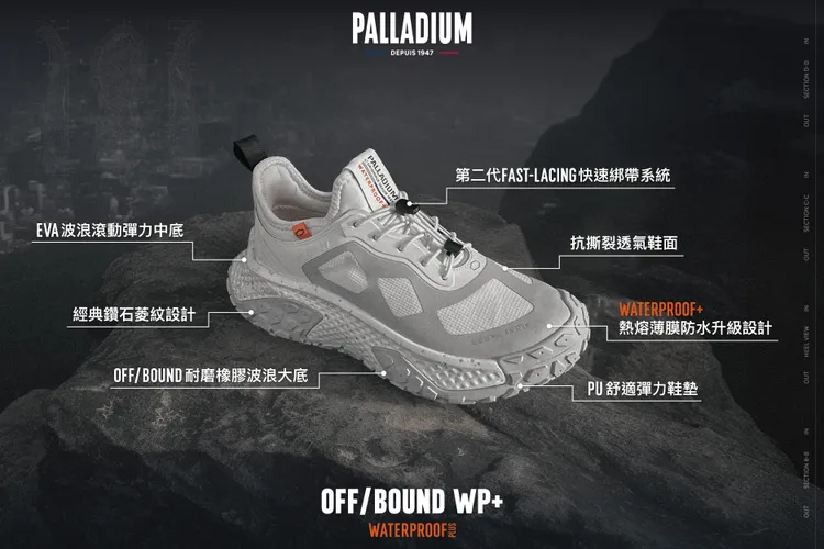 全新登場的OFF/BOUND波浪鞋系列搭載耐磨波浪大底，中底採用EVA波浪滾動彈力結構，搭配6mm掌跟差。品牌提供