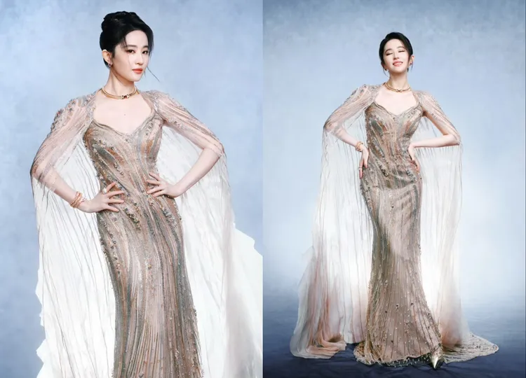 劉亦菲選穿印度高級訂製服品牌Gaurav Gupta 2024秋冬高訂禮服。翻攝微博