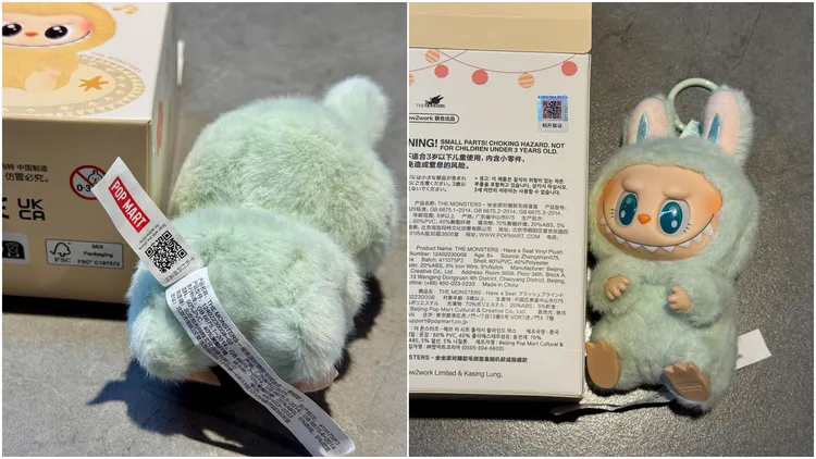 泡泡瑪特Labubu公仔外盒及身上均有防偽標籤供掃碼驗證。攝影中心攝