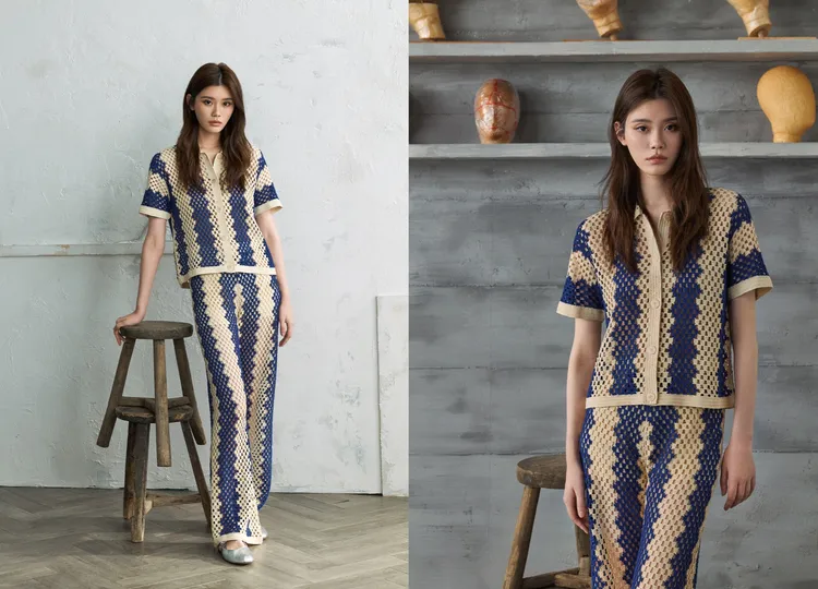 奚夢瑤穿著SANDRO 2025度假系列的鉤針編織套裝。品牌提供