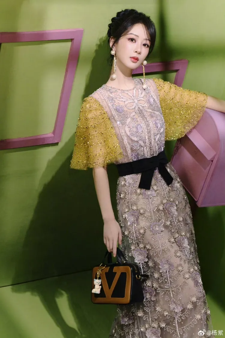 楊紫的禮服運用水鑽、串珠、花朵刺繡等元素營造出華麗感。翻攝楊紫微博