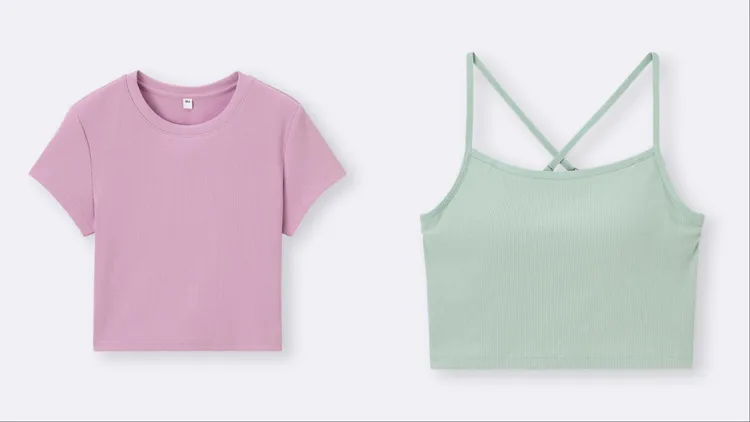 GU女裝羅紋迷你T恤（左）、女裝bra-feel 2WAY短版細肩帶背心（右），優惠價各350元。品牌提供