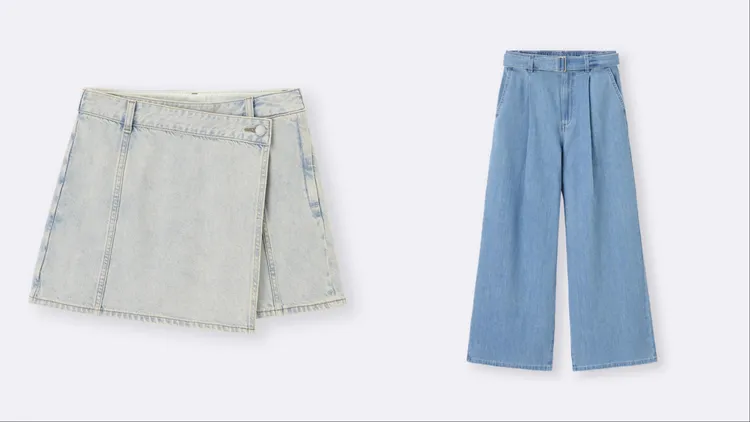 GU女裝牛仔一片式褲裙（左）優惠價690元、女裝附腰帶輕型牛仔寬褲（右）優惠價890元。品牌提供