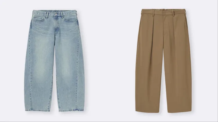 GU男裝BARREL LEG錐形牛仔褲（左）優惠價790元、男裝BARREL LEG錐形長褲（右）優惠價890元。品牌提供