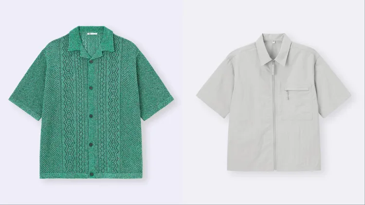 GU男裝可機洗網眼針織襯衫（左）優惠價590元、男裝尼龍拉鍊襯衫（右）優惠價690元。品牌提供