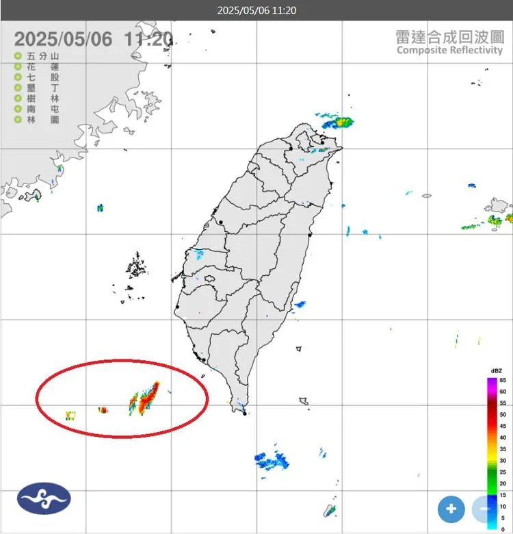 鄭明典分享雷達回波圖，表示紅圈處不是來自雨滴。翻攝鄭明典臉書