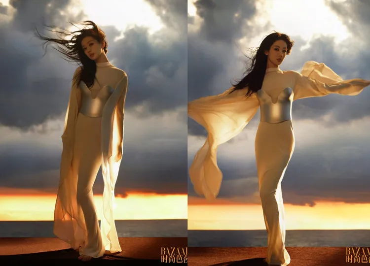 楊紫以Auteur的銀色馬甲搭配裸膚色薄紗套裝，造型飄逸仙氣。翻攝《時尚芭莎》微博