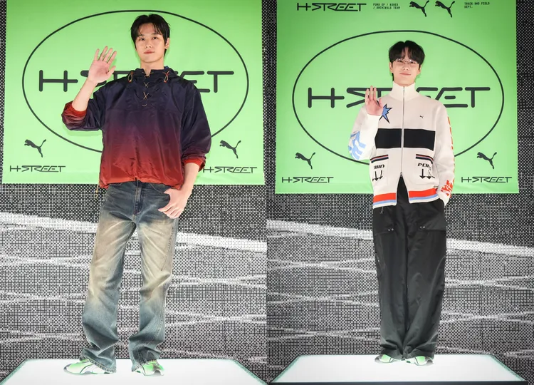 THE BOYZ柱延（左）、《苦盡柑來遇見你》李濬榮（右）演繹螢光綠H-STREET。品牌提供