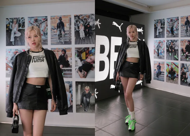 Rosé以皮革短裙、皮衣搭配螢光綠PUMA H-STREET薄底鞋。品牌提供