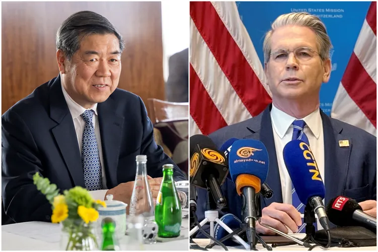 中國副總理何立峰（左）與美國財政部長貝森特是瑞士日內瓦的談判代表。路透