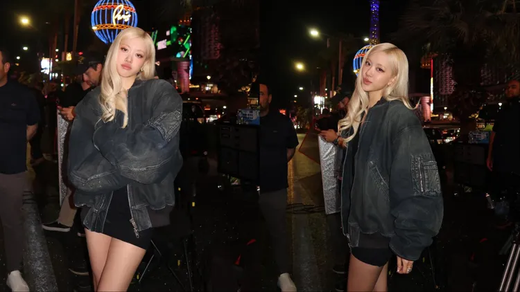 Rosé以短裙搭配巴黎世家水洗丹寧夾克，性感中帶點帥氣。翻攝Rosé IG