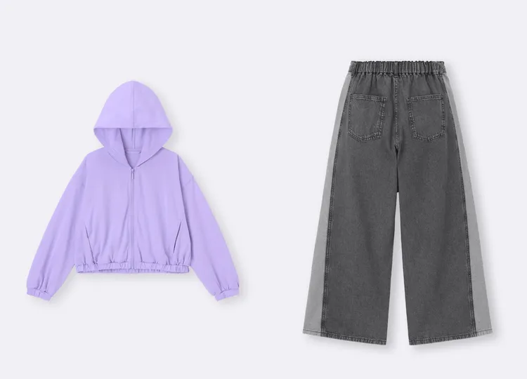 GU女童連帽拉鍊外套（左）優惠價590元、女童側邊線條輕型牛仔褲JR+E（右）優惠價590元。品牌提供