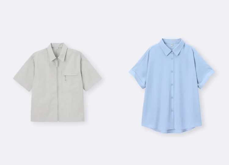 GU尼龍拉鍊襯衫（左）優惠價690元、女裝垂墜襯衫（右）優惠價350元。品牌提供