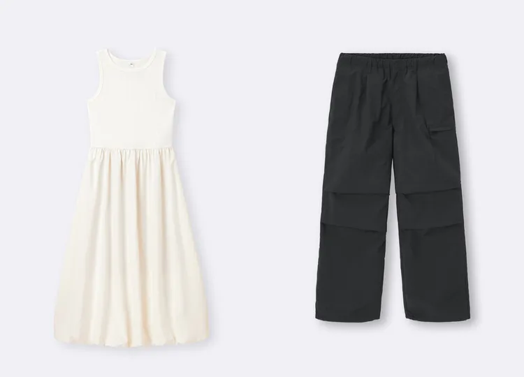 GU女裝泡泡連身裙（左）優惠價590元、尼龍拉鍊降落傘褲（右）優惠價790元。品牌提供