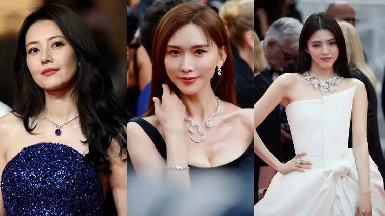 高圓圓（左起）、林志玲、韓素希在坎城影展絕美鬥艷，各有Chuamet、Qeelin、BOUCHERON珠寶加持。品牌提供、翻攝butterflyhsohee IG