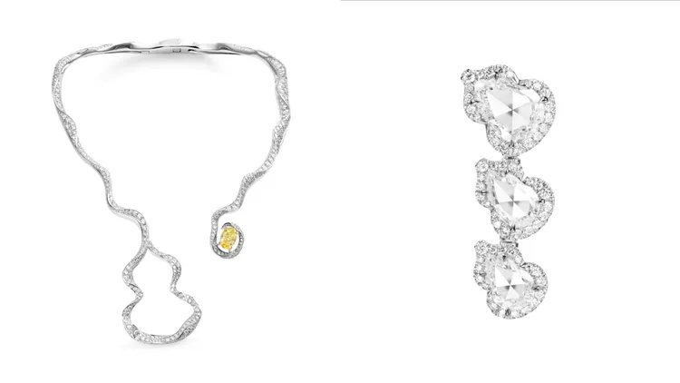 Qeelin Wulu Fairy高級珠寶系列18K白金鑲嵌濃彩黃鑽和鑽石項鍊（左）、Wulu Diamond高級珠寶系列18K白金鑽石耳環（右）。品牌提供