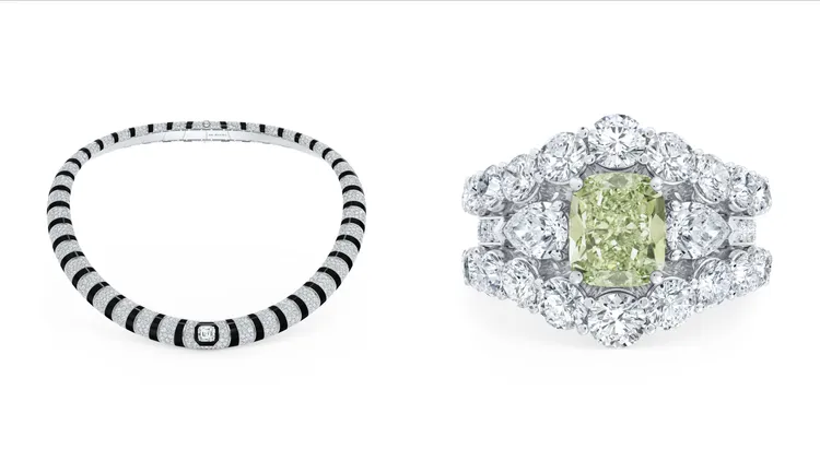 De Beers Forces of Nature高級珠寶系列 Individuality Choker鑽石項鍊（左）、Essence of Nature高級珠寶系列Foundation嵌套式鑽石戒指（右）。品牌提供