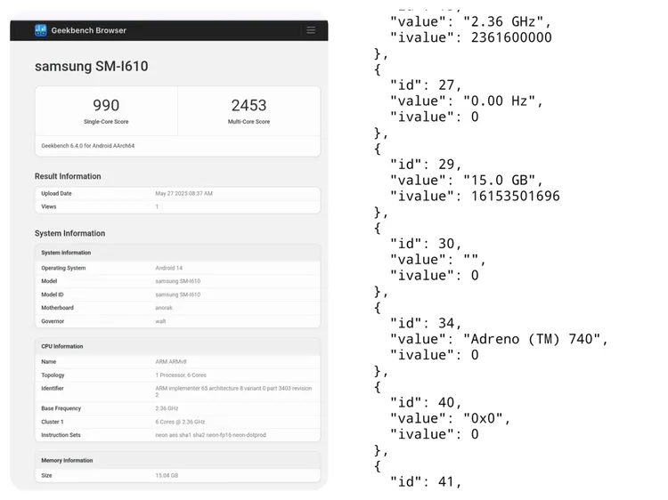 三星XR裝置Project Moohan現身Geekbench資料庫，型號SM-I610，搭載Adreno 740 GPU與16GB記憶體，運行Android 14系統。翻攝@yabhishekhd X