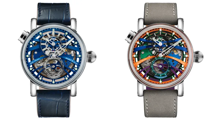 瑞寶錶Q-Repeater，42mm，五級鈦金屬錶殼，鏤空錶盤，瑞寶自製C.126自動上鍊機芯，小牛皮錶帶，動力儲存35小時，防水深度30米，限量25只，Blue Note款（左圖）156萬元、Scream（右圖）款156萬元、。品牌提供