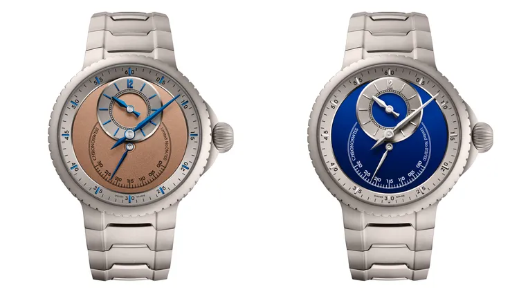 瑞寶錶PULSE One，41ｍｍ，五級鈦金屬錶殼，4N沙金色噴砂錶盤/CVD深藍色鍍膜錶盤，一體式五級鈦金屬錶帶，限量100只，Sand款47萬5000元、Blue款47萬5000元。品牌提供