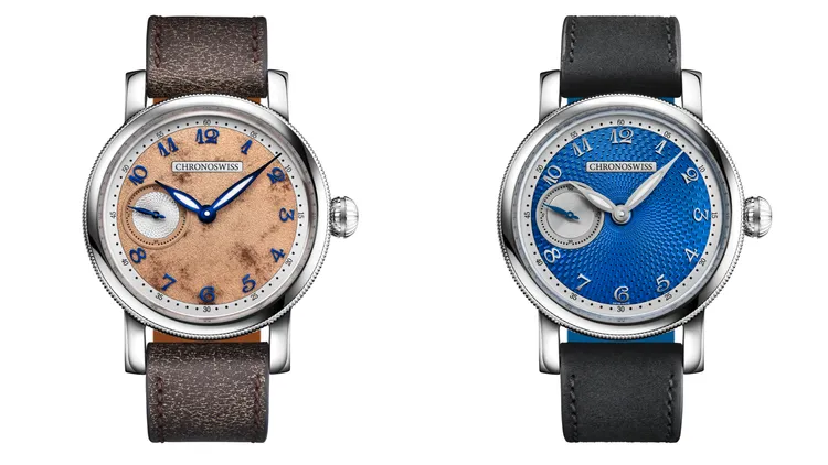 瑞寶錶Small Second，40mm，不鏽鋼錶殼，飛行員風格小牛皮錶帶/黑色小牛皮錶帶，瑞寶自製自動上鍊機芯C.6000，動力儲存55小時，防水深度30米，Desert款（左圖）32萬5000元、Blue Orbit款（右圖）35萬8000元。品牌提供
