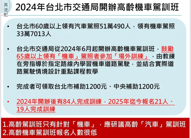 北市高齡機車駕訓班報名人數低。簡舒培議員辦公室提供