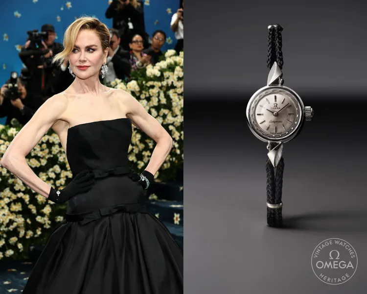 妮可基嫚演繹OMEGA在1969年出品的古董Lady matic Saphette腕錶。品牌提供