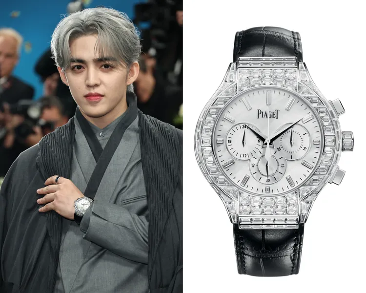 SEVENTEEN隊長S.COUPS戴上要價1730萬元的伯爵Polo系列18K白金珍珠母貝面盤自動上鍊鑽石腕錶。品牌提供