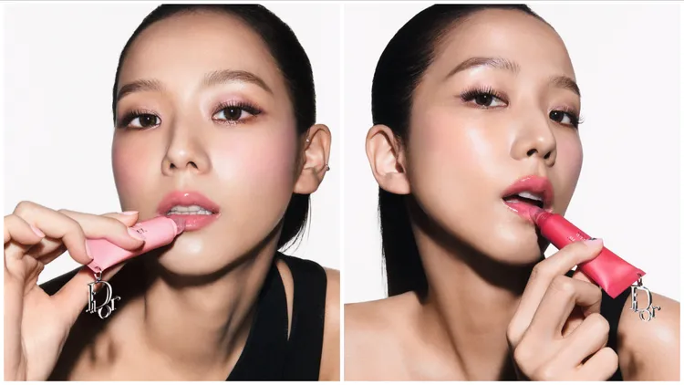 Jisoo使用Dior粉漾果凍唇蜜#101晶透蜜桃（左）、#105荔枝果凍（右）。品牌提供