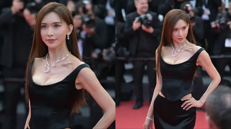 林志玲穿著台灣設計師品牌Nicole + Felicia的黑色爆乳禮服。翻攝微博