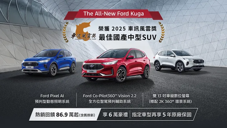 Ford Kuga全車系搭載13吋液晶儀表與13.2吋中控觸控螢幕，內建SYNC4系統，支援無線Apple CarPlay與Android Auto。業者提供