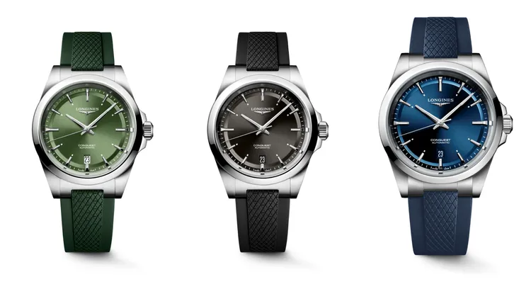 浪琴表CONQUEST征服者系列腕錶，38mm，圓型不鏽鋼錶殼，綠色/藍色/黑色太陽放射飾紋面盤，不綠色/藍色/黑色橡膠錶帶，浪琴表獨家L888.5自動上鍊機械機芯，動力儲存72小時，防水深度100米，12萬元。品牌提供