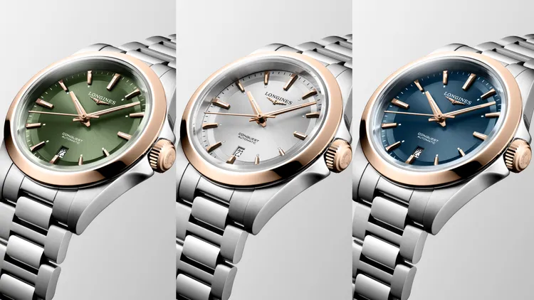 浪琴表CONQUEST征服者系列腕錶，30mm，圓型18K玫瑰金夾金不鏽鋼錶殼，綠色/銀色/藍色太陽放射飾紋面盤，不鏽鋼錶鍊，浪琴表獨家L592.5自動上鍊機械機芯，動力儲存45小時，防水深度100米，10萬2100元。品牌提供