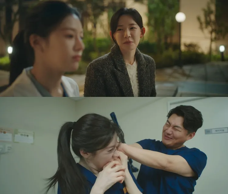 高允貞目睹前醫院醫生性騷擾，死咬他的手不放遭革職，她幫助的同事就是律帝醫院新來的護士。翻攝Netflix