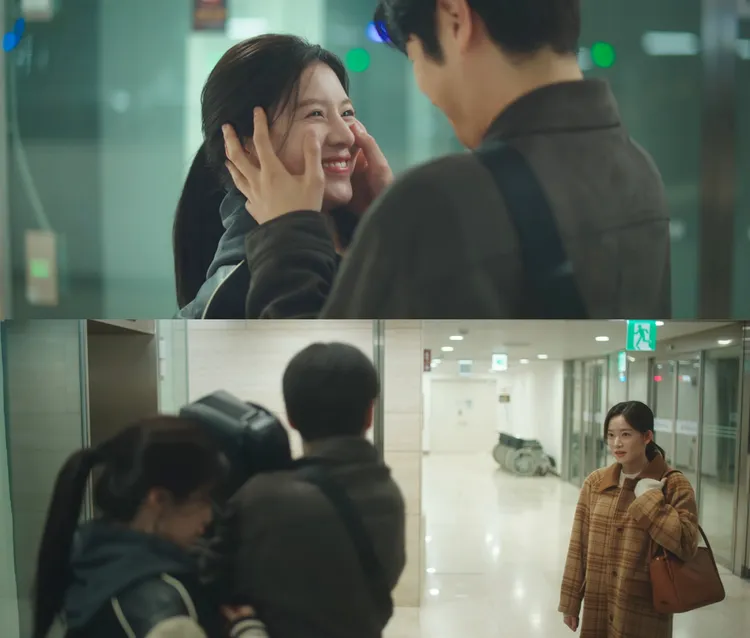 鄭準元（上圖右）在醫院電梯前親暱捧著高允貞的臉，被新來的護士撞見。翻攝Netflix