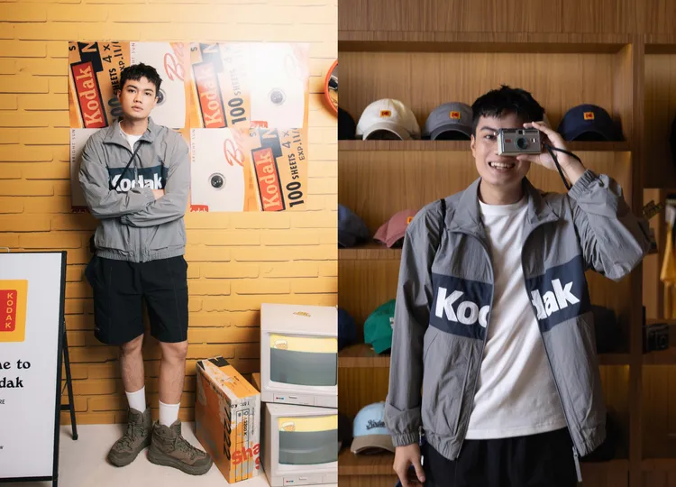 劉子銓演繹KODAK機能休閒系列的撞色大LOGO外套，同樣搭配Scenery防潑水休閒短褲。品牌提供