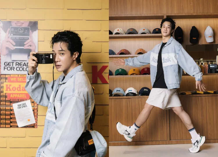 薛仕凌換上KODAK春夏系列標誌性丹寧大LOGO夾克與Scenery防潑水休閒短褲。品牌提供