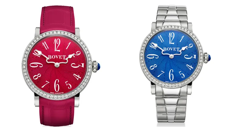 BOVET Récital 12 ，36mm，精鋼錶殼，綠松石色或覆盆子紅色漆面機刻雕花錶盤，或白色珍珠母貝錶盤，精鋼鍊或鱷魚皮錶帶，11BA15自動上鍊機芯，動力儲存30米。品牌提供
