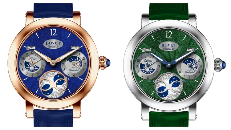 BOVET Récital 27，46.30mm，鈦金屬或/18K紅金錶殼，鱷魚皮錶帶/橡膠錶帶，13DM04-3FPL 手動上鍊機芯，動力儲存7日。品牌提供