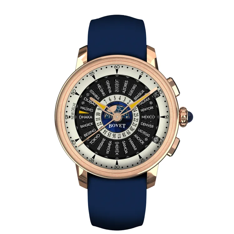 1   BOVET Récital 30，42mm，18K紅金/5級鈦合金錶殼，中央24小時世界時鐘錶盤（附加新德里時區顯示），橡膠錶帶，R30-70-001自動上鍊機芯，動力儲存62小時，防水深度30米。品牌提供