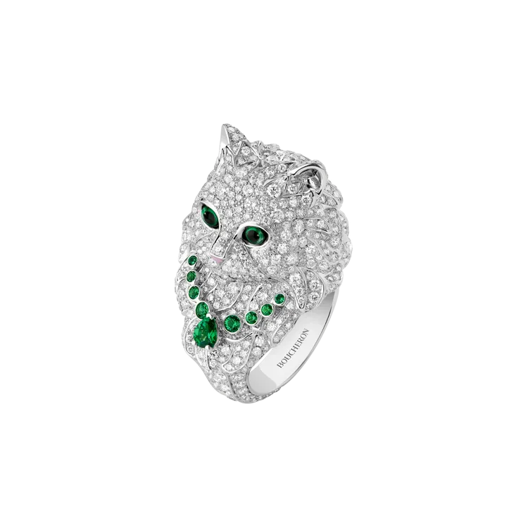 BOUCHERON Animaux動物系列Wladimir貓咪戒指，白金750材質、粉紅漆和黑漆裝飾，鑲嵌鑽石、綠色沙弗萊石、珍珠母貝、石英和黑色藍寶石，191萬元。品牌提供