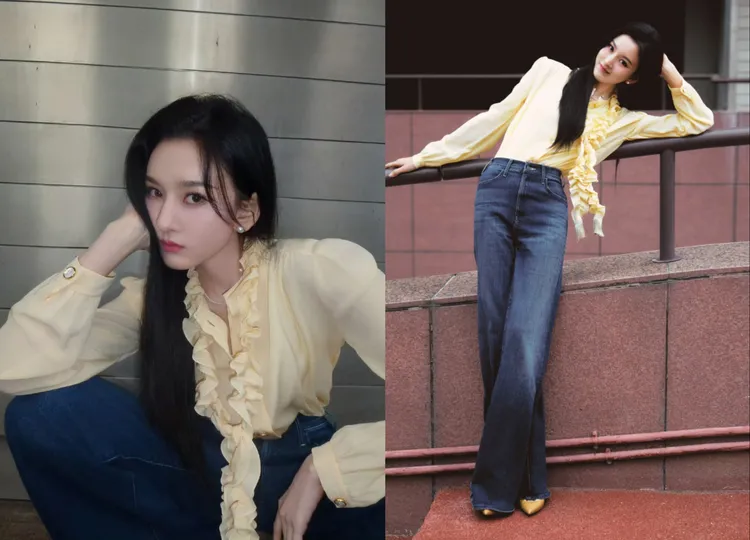 宋祖兒另也選擇搭配杏色款的Miss Z高跟鞋。翻攝宋祖兒工作室微博