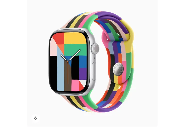 Apple Watch 驕傲特別版運動型錶帶，以如織錦般的彩虹條紋為特色，每一道條紋形狀與尺寸各異。Apple提供