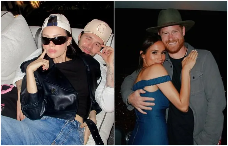 貝克漢長子布魯克林（左圖後）與長媳妮可拉佩茲被不少網友拿來與英國哈利王子夫婦作比較。翻攝IG