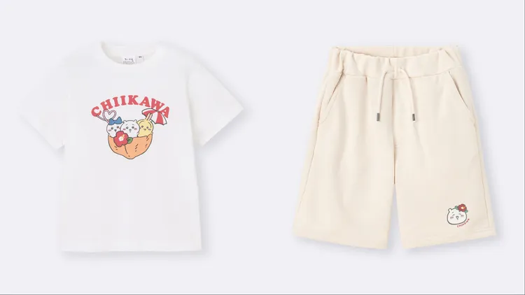 GU X 吉伊卡哇童裝印花T恤（左）390元、童裝及膝輕便短褲（右）490元。品牌提供