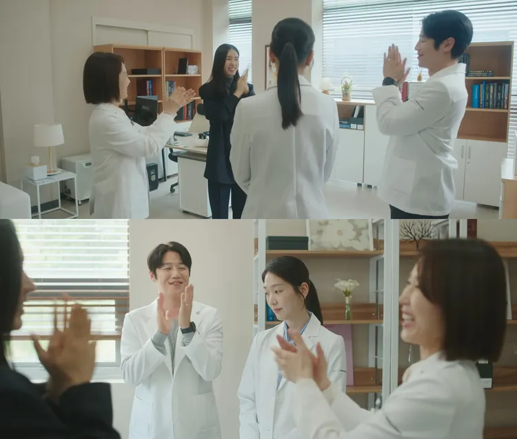 「秋敏荷」安恩真（上圖中）成為新任教授，被擊敗的「明恩媛」金惠仁（下圖右二）一臉不甘願。翻攝Netflix