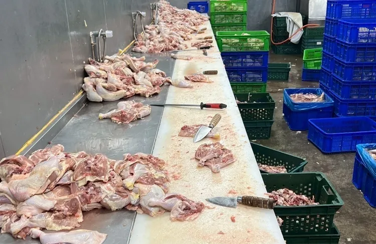 廠內堆放大量處理到一半的雞肉和刀具卻空無一人，氣氛相當詭譎。移民署提供